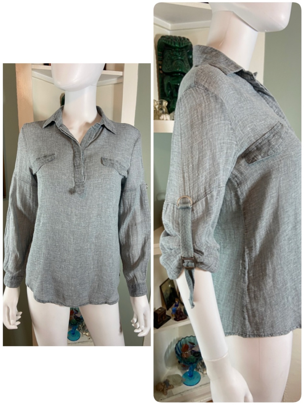 Ya Los Angeles Gray Linen-Like Lightweight Roll Tab Sleeve Blouse Shirt Top [CH]